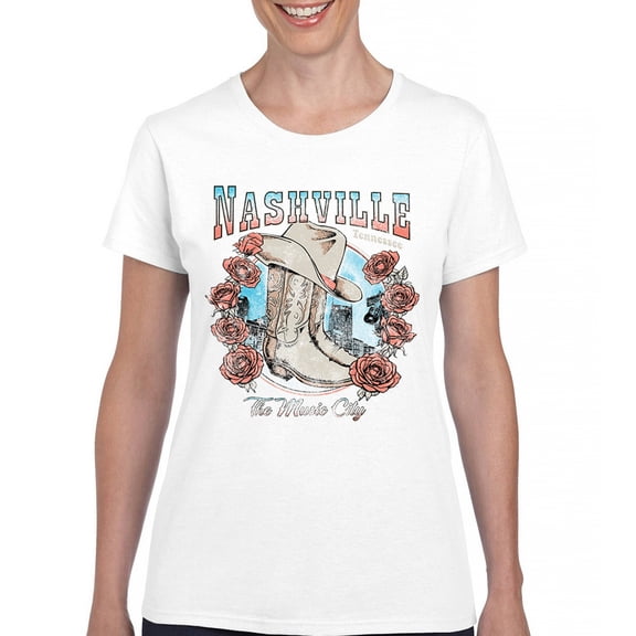 Nashville TN The Music City T-Shirt Country Cowgirl Boots and Hat Women's Tee