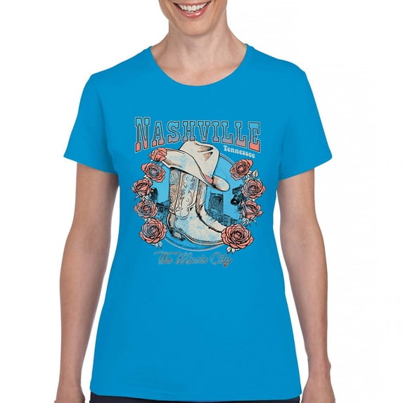 Nashville TN The Music City T-Shirt Country Cowgirl Boots and Hat Women's Tee