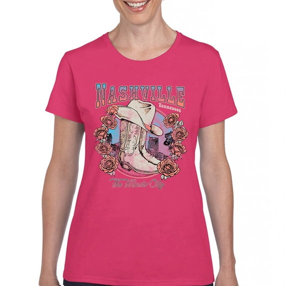 Nashville TN The Music City T-Shirt Country Cowgirl Boots and Hat Women's Tee