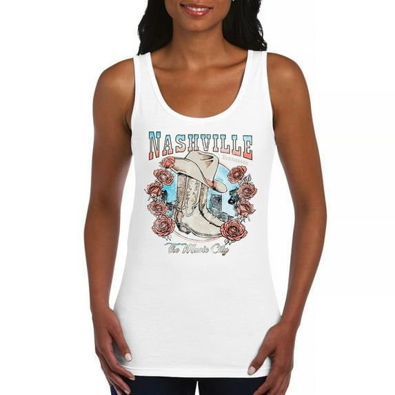 Nashville TN The Music City Women's Tank Top Country Cowgirl Boots and Hat