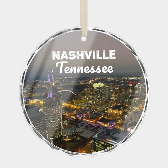 Nashville Tenessee TN USA State Ornaments Travel Keepsake Premium Crystal Glass Christmas Ornament, 3” Flat Round Beveled-Edge Disc (0.23” Thick) with Printed Image, Xmas Holiday Tree Gift