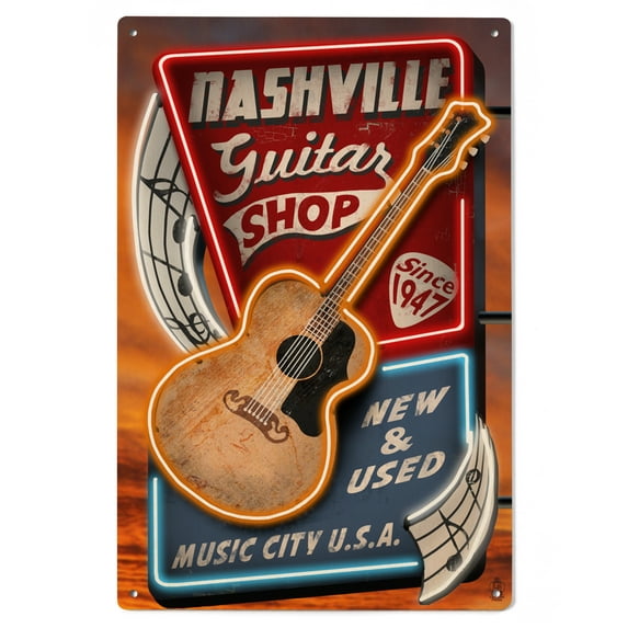 Nashville, Tennessee, Acoustic Guitar Music Shop Birch Wood Wall Sign (6x9 Rustic Home Decor, Ready to Hang Art)