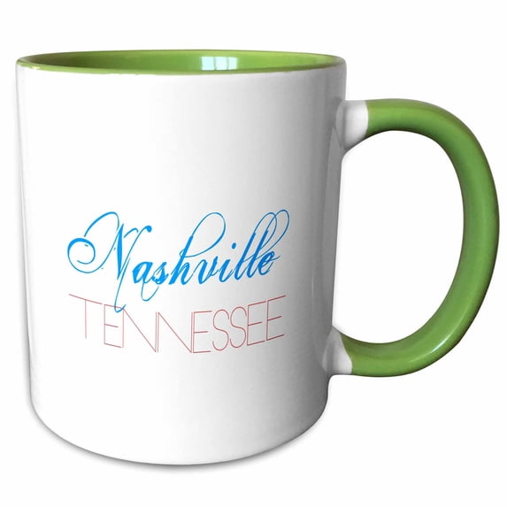 3drose, Nashville, Tennessee Patriotic, Decorative, Blue, Red Text on White, 11oz Two-tone Green Mug