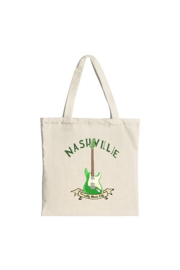 Nashville Tote Bag - Green Electric Guitar Design with ' It ' s Only Music City ' Banner Perfect for Shopping Travel & Parties