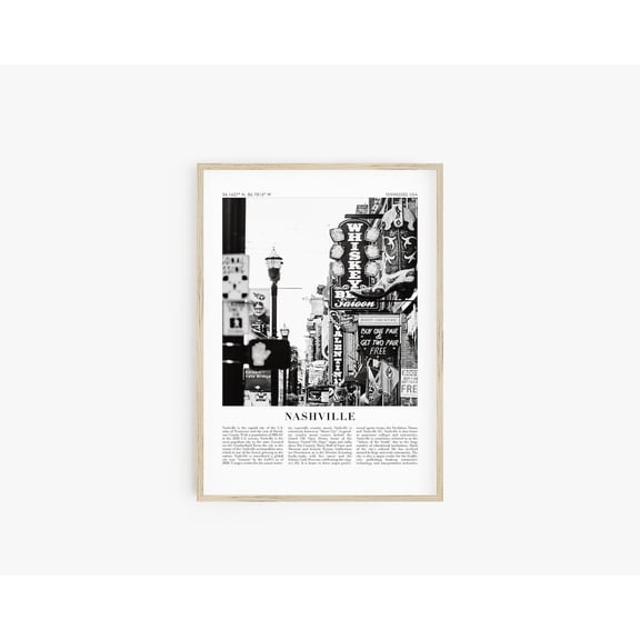 Nashville Travel Poster Black White City Map Tennessee Porch Display, Unframed Canvas 8x10in