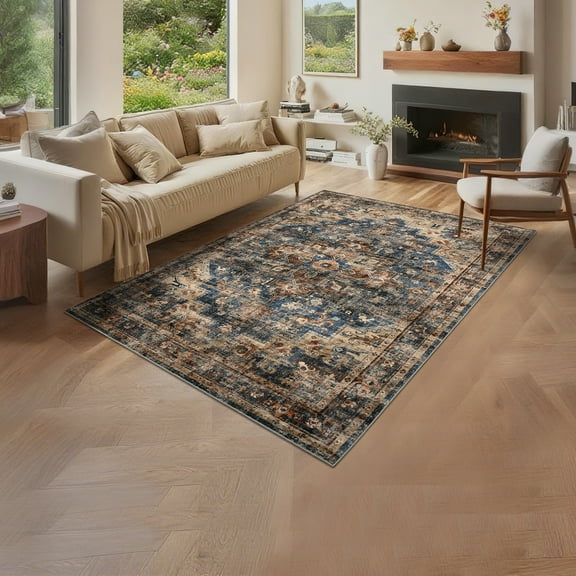 Nasitip Low Pile Botanical Blue/Brown 9'x12' Area Rug:Geometry-Stripe,Easy-Clean, Skid-Resistant Washable Carpet for Living Room, Bedroom