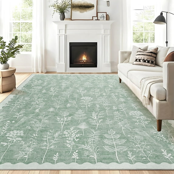 Nasitip Low Pile Modern Floral Light Green 9'x12' Area Rug:Easy-Clean, Skid-Resistant Washable Carpet for Living Room, Bedroom