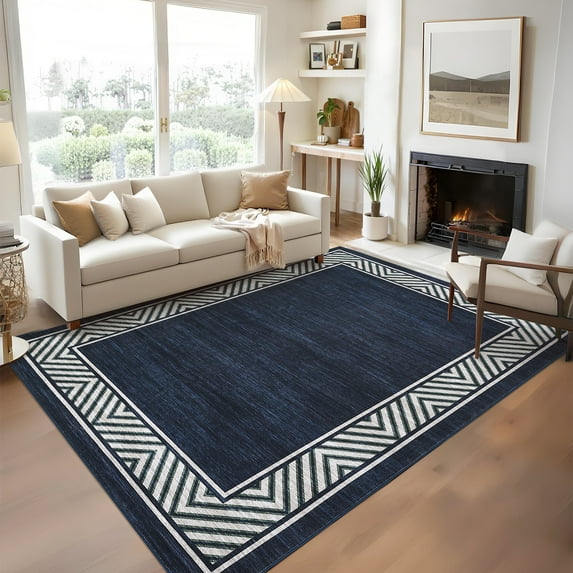 Nasitip Modern Geometric Border Navy 8'x10' Area Rugs for Living Room Soft Low Pile Non-Sliping, Machine Washable