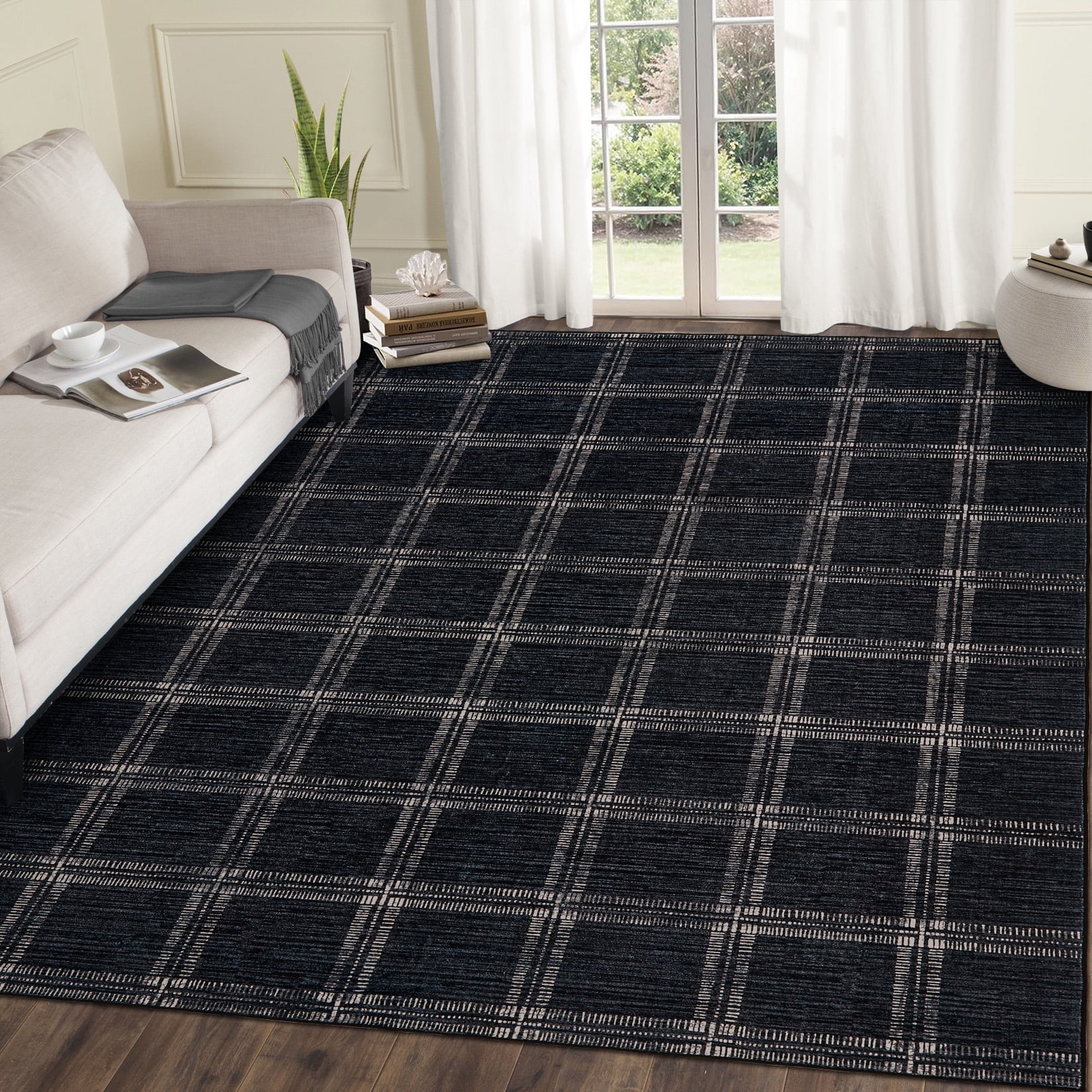 Nasitip Modern Geometric Plaid Pattern Black 10'x13' Area Rugs for Living Room Soft Low Pile Non-Sliping, Machine Washable