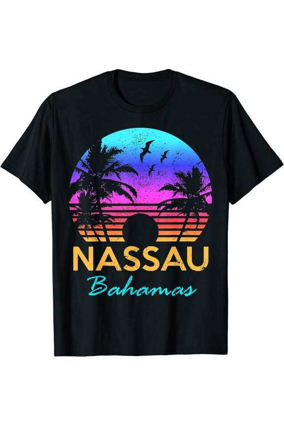 Nassau Bahamas Beach Trip Retro Sunset Summer Vibes Graphic T-Shirt Black X-Large