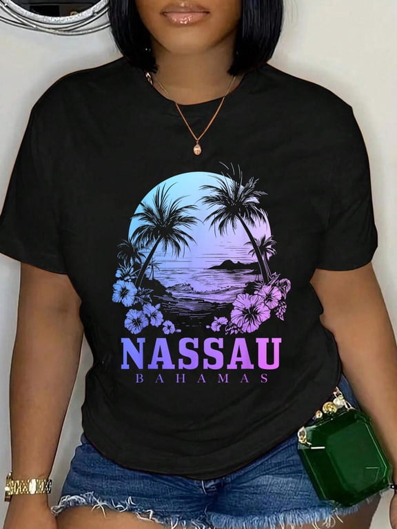 Nassau Bahamas Hibiscus Flowers Beach Surfer Souvenir T-Shirt Graphic Tee summer Tops For Women Round Neck Fashion Cotton shirts