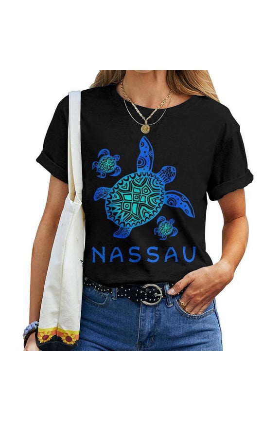 Nassau Bahamas Sea Turtle Tribal Blue Design Graphic Tee Unisex Adult Cotton Comfortable Beach Vacation Casual Summer Nature Lover T-Shirt, Size 4XL, Color Black
