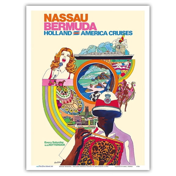 Nassau Bermuda - Holland America Cruises - S.S. Rotterdam - Vintage Ocean Liner Travel Poster by David Klein c.1974 - Master Art Print (Unframed) 9in x 12in