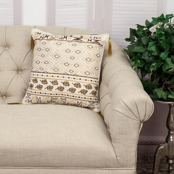 Nassau Collection Floral Diamond Pattern Cotton Throw Pillow - 18" - Beige and Gold