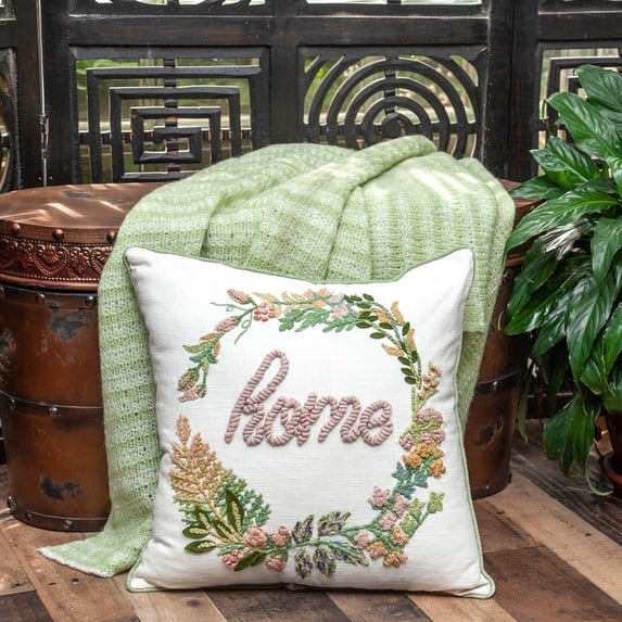 Nassau Collection 18" Beige and Pink Embroidered Square Throw Pillow