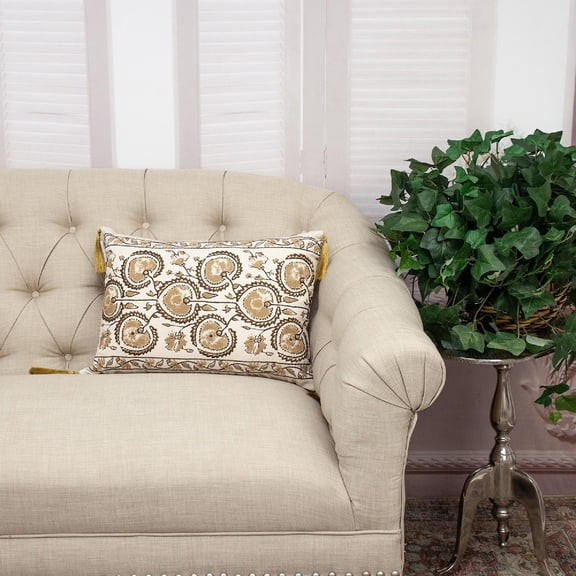 Nassau Collection Embroidered Floral Scroll Lumbar Throw Pillow - 20" - Beige and Gold