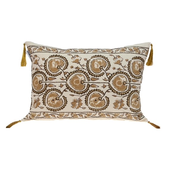 Nassau Collection 20" Beige and Gold Embroidered Decorative Lumbar Throw Pillow