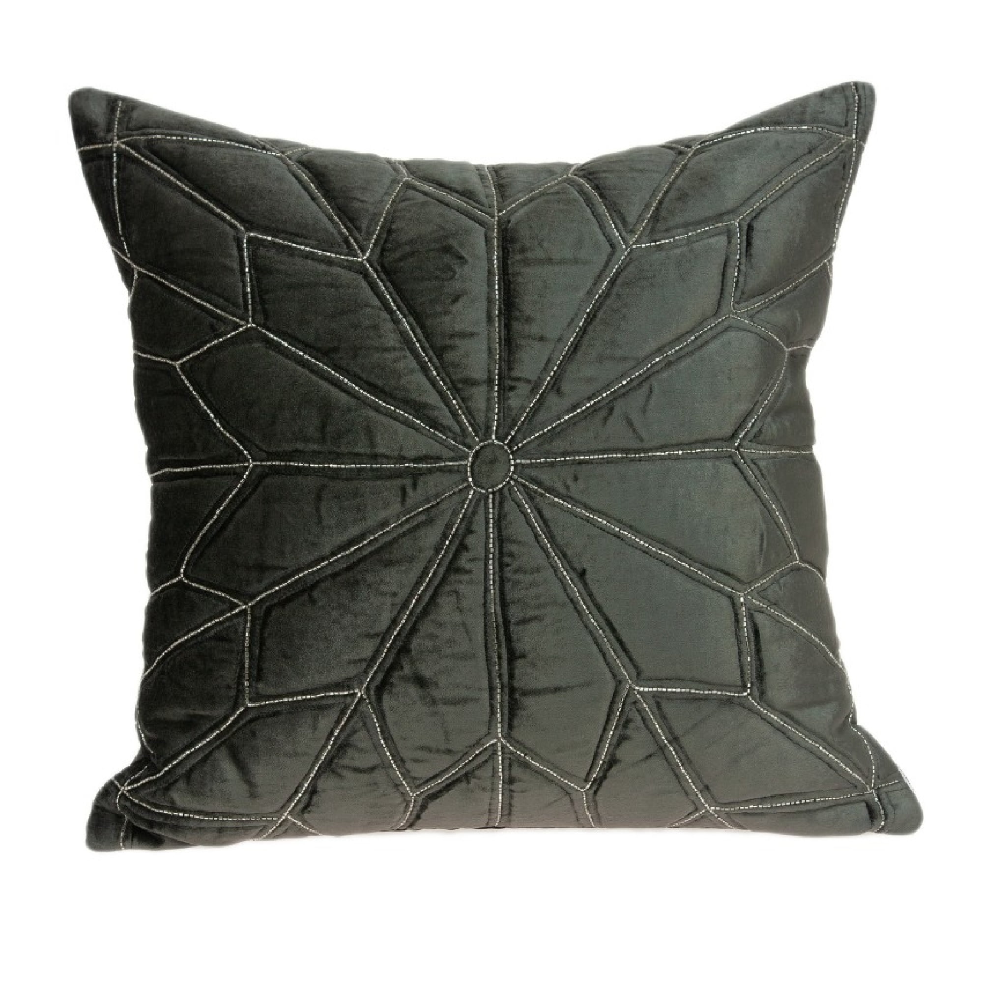 Gray Quilted Cotton Velvet Square Throw Pillow with Beaded Design