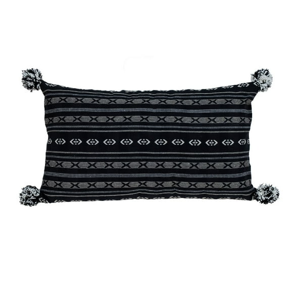 Nassau Collection 24" Black and White Embroidered Rectangular Throw Pillow