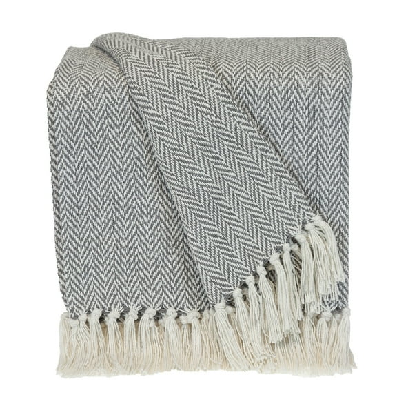 Nassau Collection Beige and Blue Transitional Handloom Herringbone Throw Blanket 52" x 67"