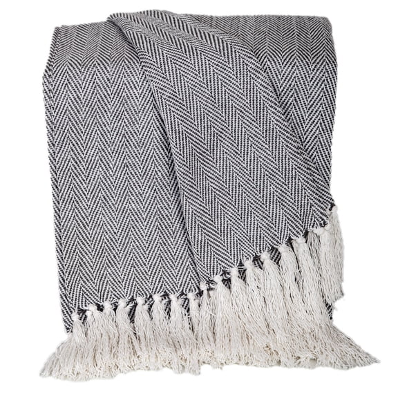 Nassau Collection Herringbone Cotton Throw Blanket with Tassels - 52" x 67" - Gray and White