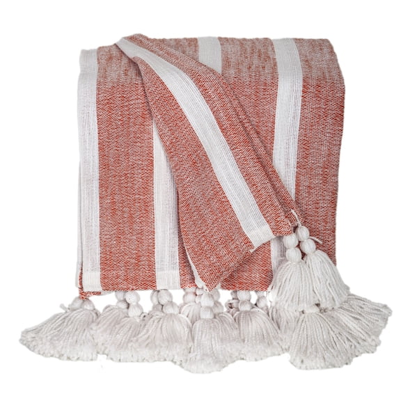 Nassau Collection Striped Cotton Throw Blanket with Tassels - 50" x 60" - Rust Orange and White