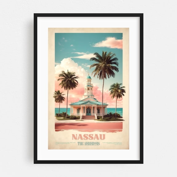 Nassau Vintage Travel Poster - Caribbean Charisma Rediscovered - Nassau New Providence The Bahamas Illustration Black Framed Wall Art Print 12 x 18 inches