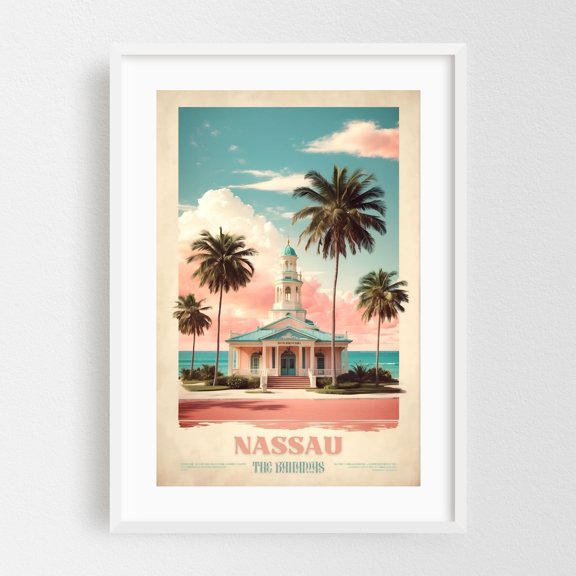 Nassau Vintage Travel Poster - Caribbean Charisma Rediscovered - Nassau New Providence The Bahamas Illustration White Framed Wall Art Print 12 x 18 inches