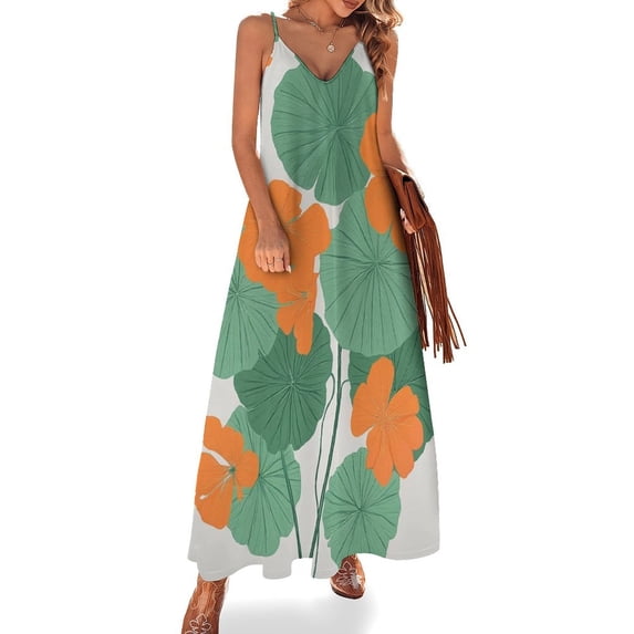 Nasturtiums on Linen Sleeveless Suspender Dress Summer Fashion Casual Long Dress
