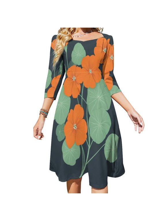 Nasturtiums on Navy-2 Women's Fall Dresses Casual Loose Flowy Swing Shift Dress
