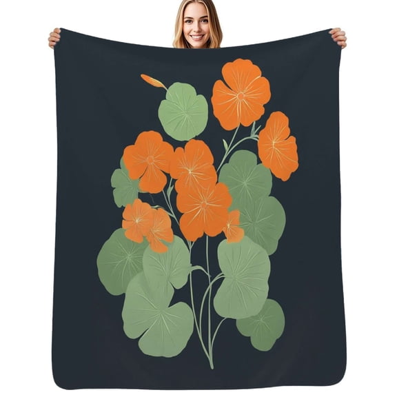 Nasturtiums on navy Flannel Blankets Soft Throw Blanket Winter Travel Office Outdoor Bedspread