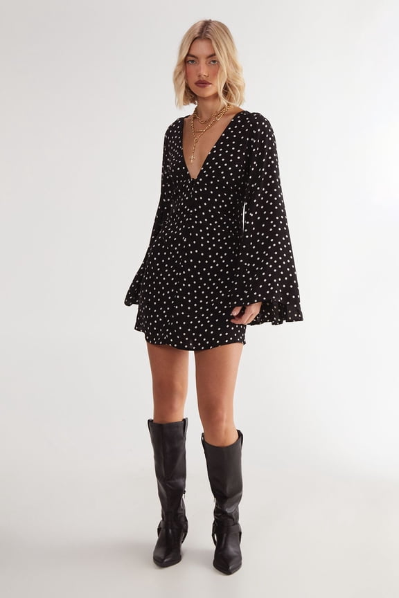 Polka Dot Button Down Flared Mini Dress - Black, 2