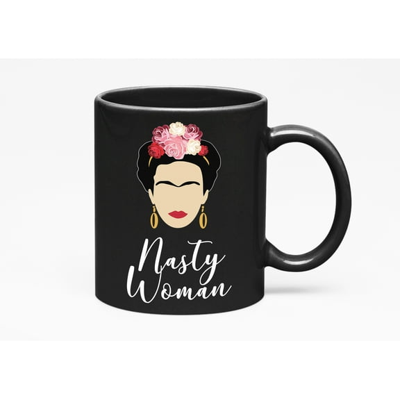 Nasty Woman feat Kahlo Art, Empowering Women or Cup, Black 11oz Ceramic Mug