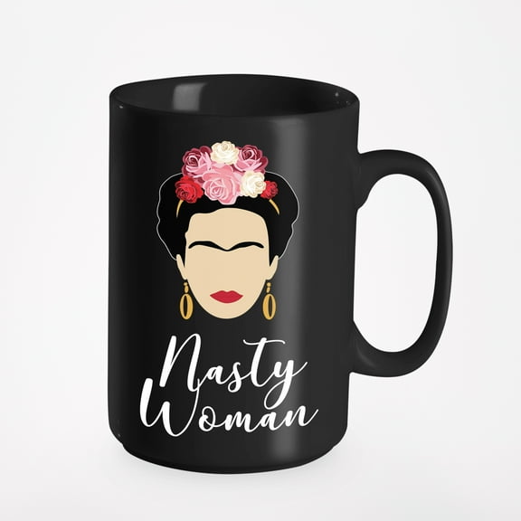 Nasty Woman feat Kahlo Art, Empowering Women or Cup, Black 15oz Ceramic Mug