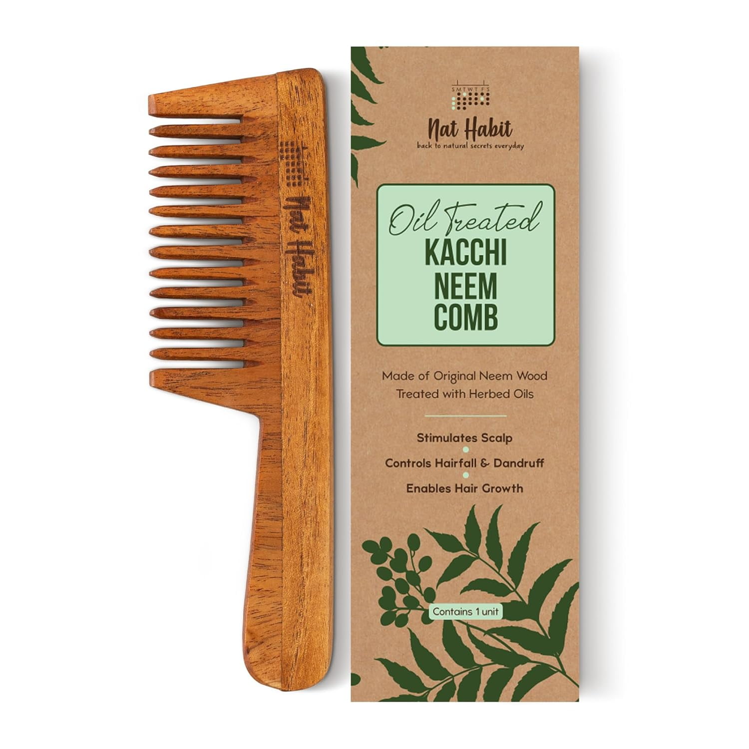 Nat Habit Kacchi Neem Wide Tooth Wooden Hair Comb, Detangling, Frizz Control & Shine, Brown Solid Print