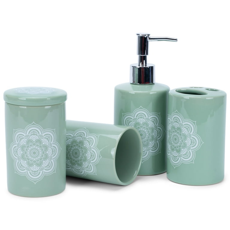 Nat & Jules Mandala Sage Green 4.5 inch Ceramic Soap Pump Toothbrush Holder  Canisters Bathroom Accessories Set of 4
