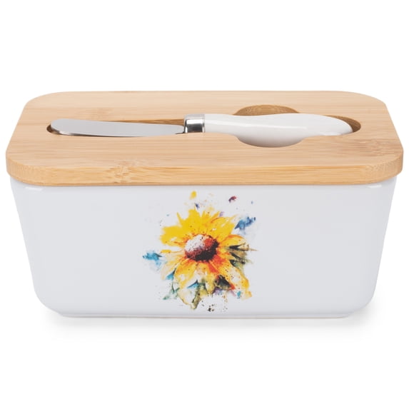 Nat & Jules Sunflower Floral White 6.5 x 4 Ceramic Butter Dish With Knife Lid