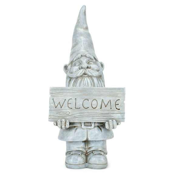 Nat & Jules Welcome Gnome Aged Cement Hue 12 inch Resin Stone Garden Statue