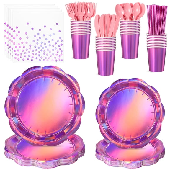 NatNarr 200 Pcs Pink Plates and Napkins Party Supplies, 25 Guest Scalloped Iridescent Pink Plates Napkins Cups Set Holographic Pink Party Decorations for Birthday, Mermaid, Disco Party Y101