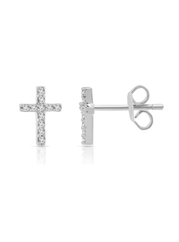 1/10 Cttw Diamond Cross Stud Earrings for Women in Sterling Silver