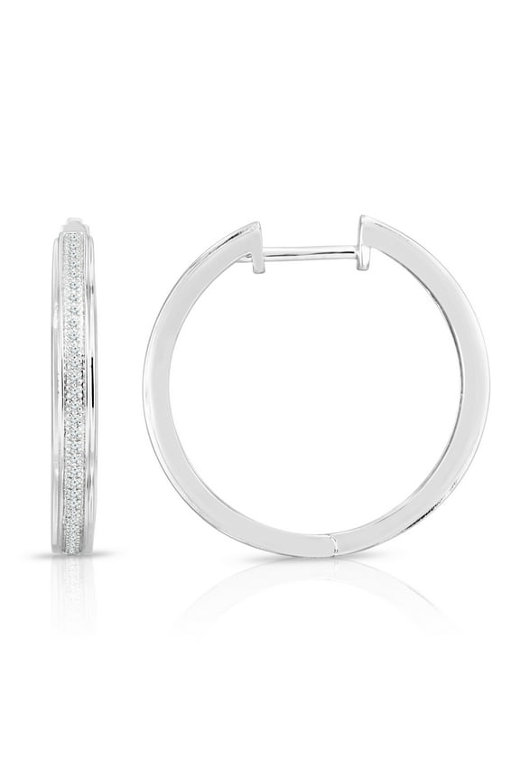 1/10 Cttw Diamond Hoop Earrings for Women in Rhodium Plated 925 Sterling Silver Color H I / Clarity I2-I3