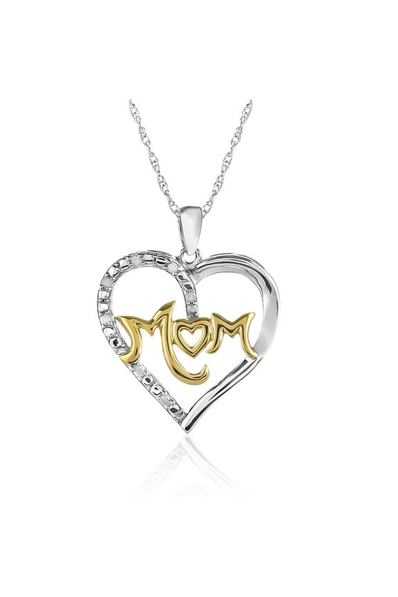 1/10 Cttw Diamond Mom Heart Necklace for Women in Two Tone in Rhodium Plated Sterling Silver (Color I-J / Clarity I2-I3)