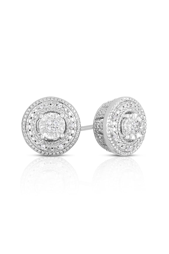1/10 Cttw Diamond Vintage Round Stud Earrings in Rhodium Plated Sterling Silver for Women