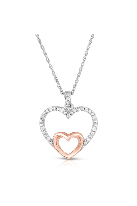 1/10 Cttw Two Tone Diamond Heart Necklace for Women in Rhodium Plated Sterling Silver