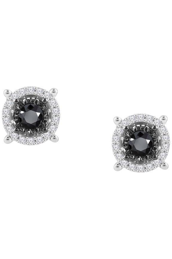 1/2 Cttw Black and White Diamond Stud Earrings for Women in Rhodium Plated Sterling Silver
