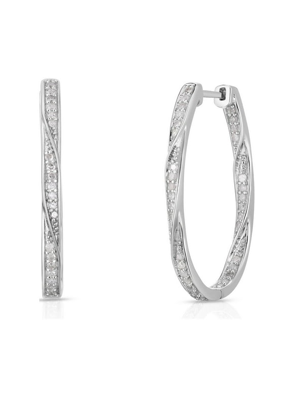 1/2 Cttw Diamond Hoop Earrings for Women for Women Rhodium Plated Silver Twisted Inside Outside