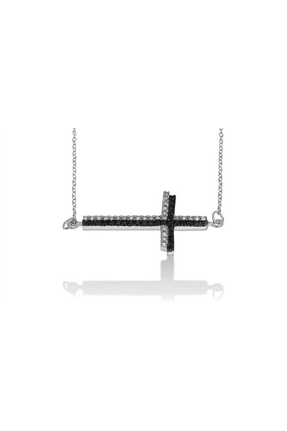 1/3 Cttw Black and White Diamond Sideways Cross Necklace for Women in Rhodium Plated Sterling Silver