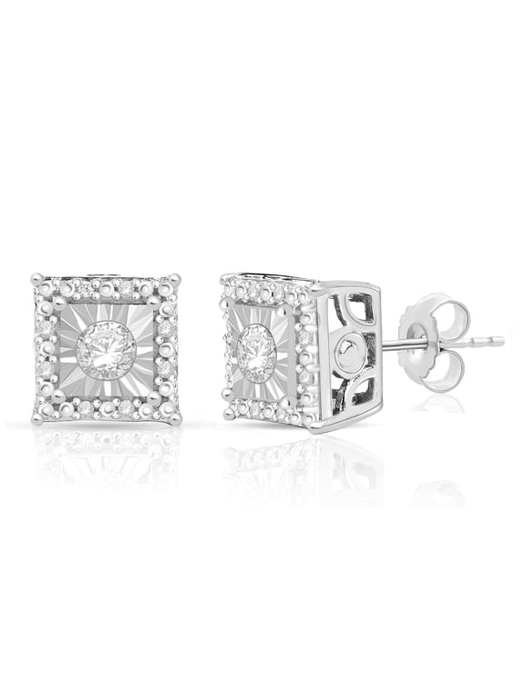1/4 Cttw Square Halo Diamond Stud Earrings for Women in Rhodium Plated Sterling Silver (Color IJ / Clarity I2-I3)