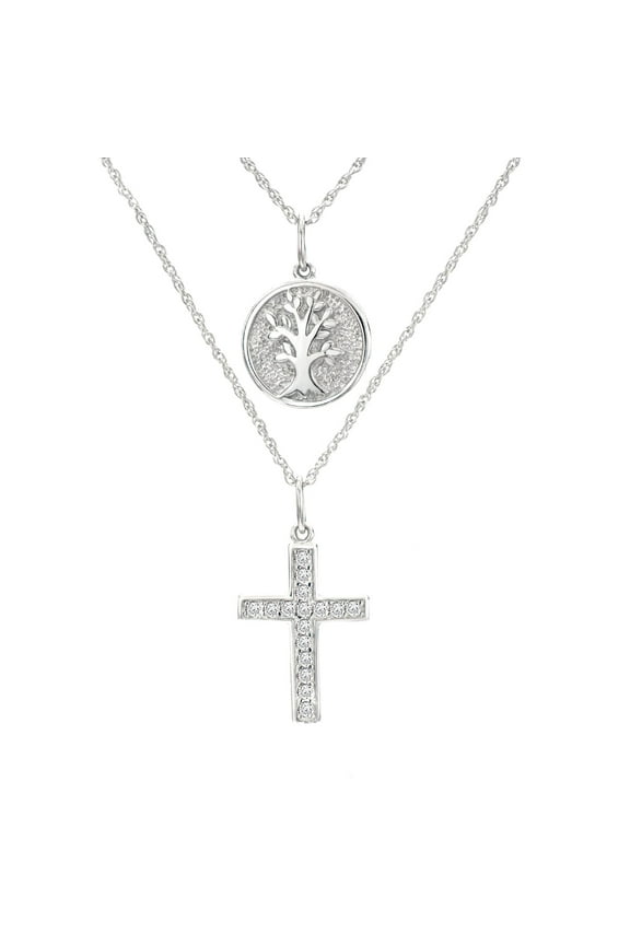 1/5 Cttw Diamond Cross and Tree of Life Double Strand Necklace for Women 18 Inch in Rhodium Plated Sterling Silver