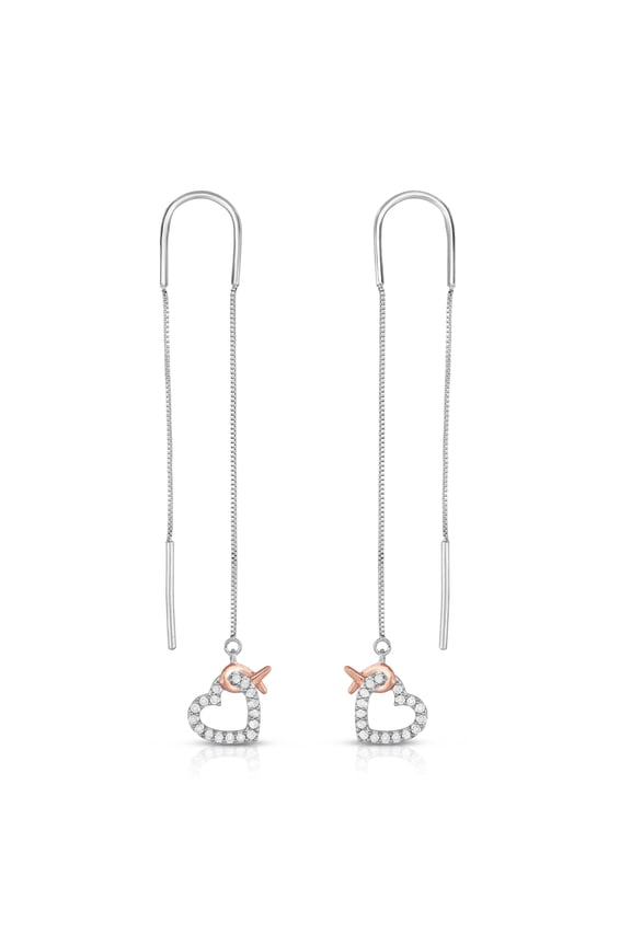 1/5 Cttw Diamond Pink Ribbon and Heart Dangle Threader Earrings for Women in Rhodium Plated Sterling Silver